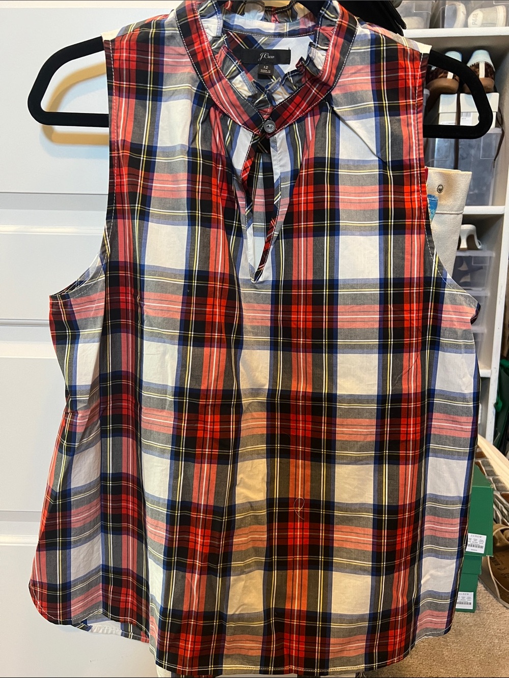 J. Crew Red, Navy and White Plaid Sleeveless Button-Neck Shirt